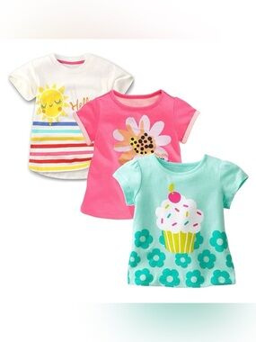 NWT Girls' Crew Neck Graphic Tee 3pc Set Playful Cupcake & Sunshine Designs 3T